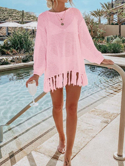 Double Take Openwork Tassel Hem Long Sleeve Knit Cover Up Carauana Store