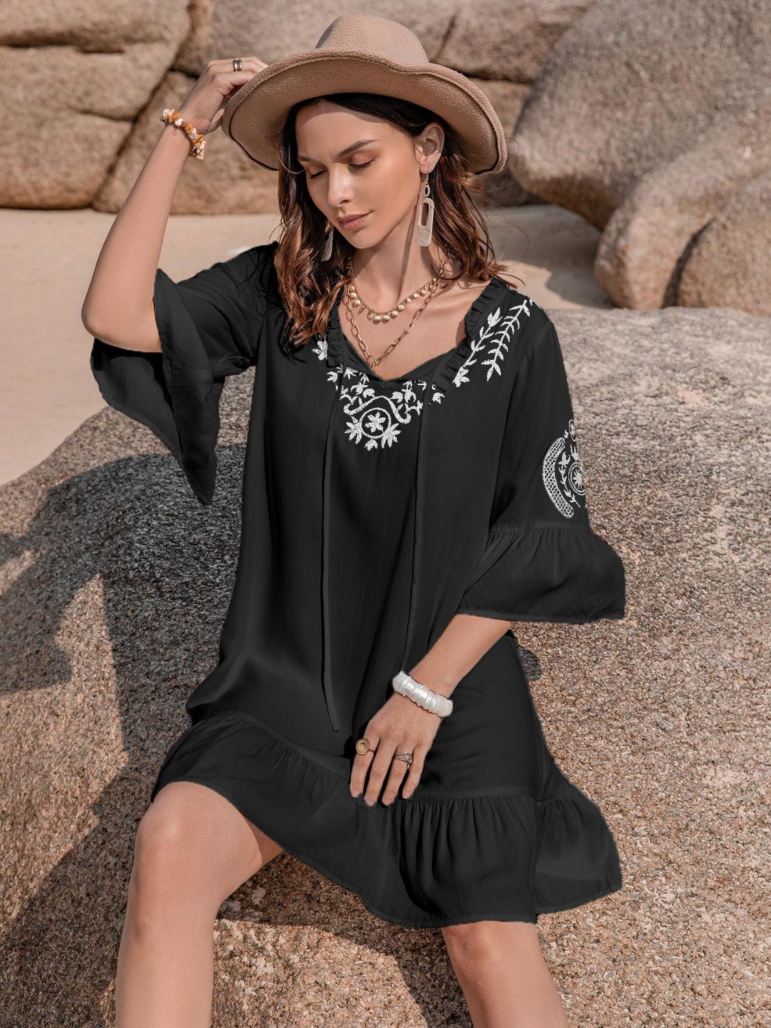 Printed Tie Neck Flounce Sleeve Mini Dress Carauana Store