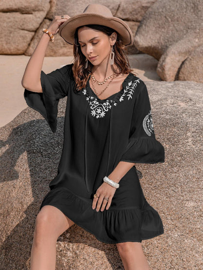 Printed Tie Neck Flounce Sleeve Mini Dress Carauana Store