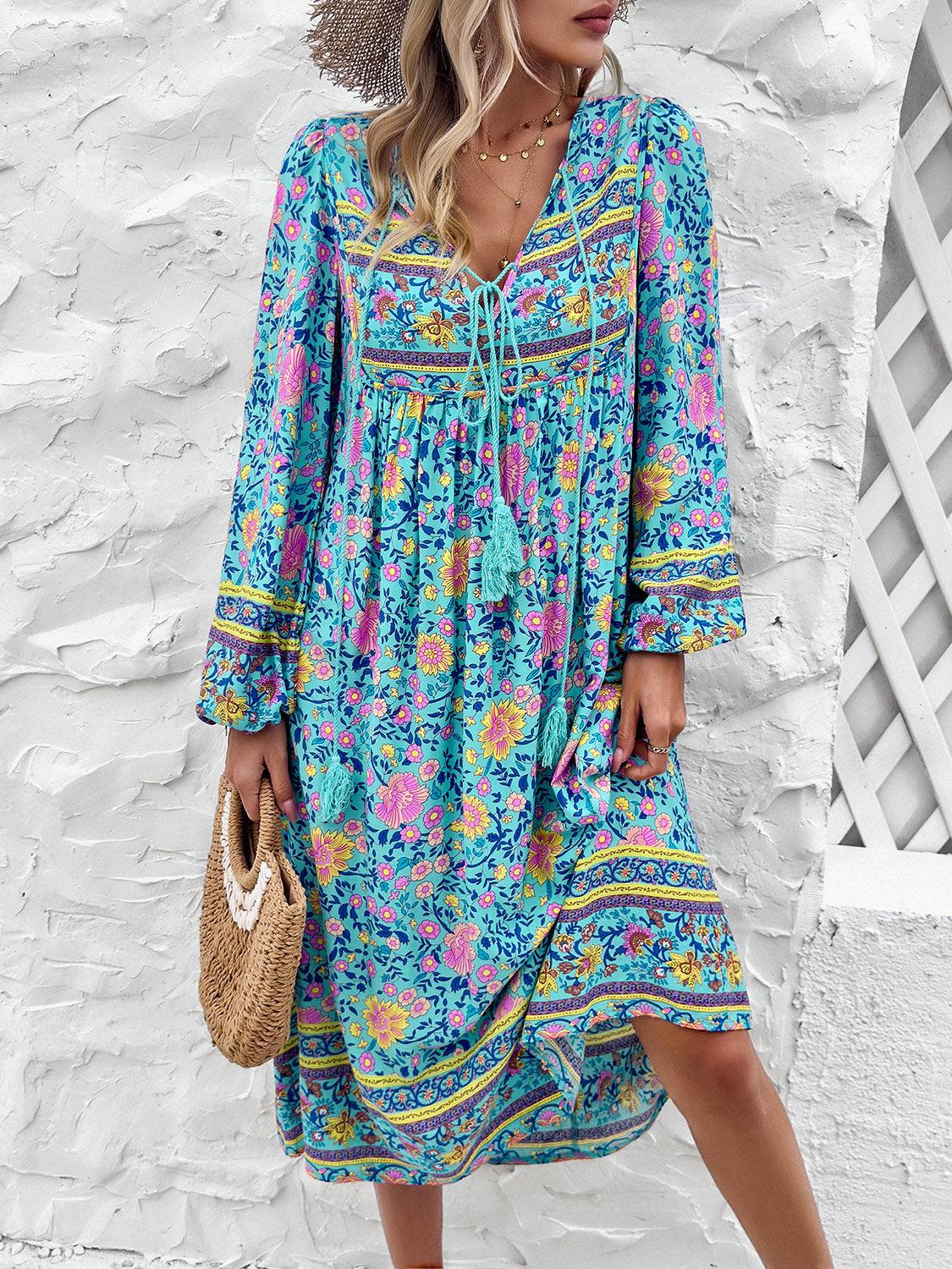 Tassel Tied Printed Long Sleeve Dress Carauana Store