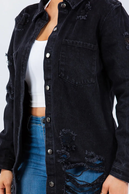 American Bazi Distressed Button Up Long Sleeve Denim Jacket Carauana Store
