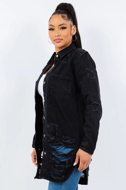 American Bazi Distressed Button Up Long Sleeve Denim Jacket Carauana Store