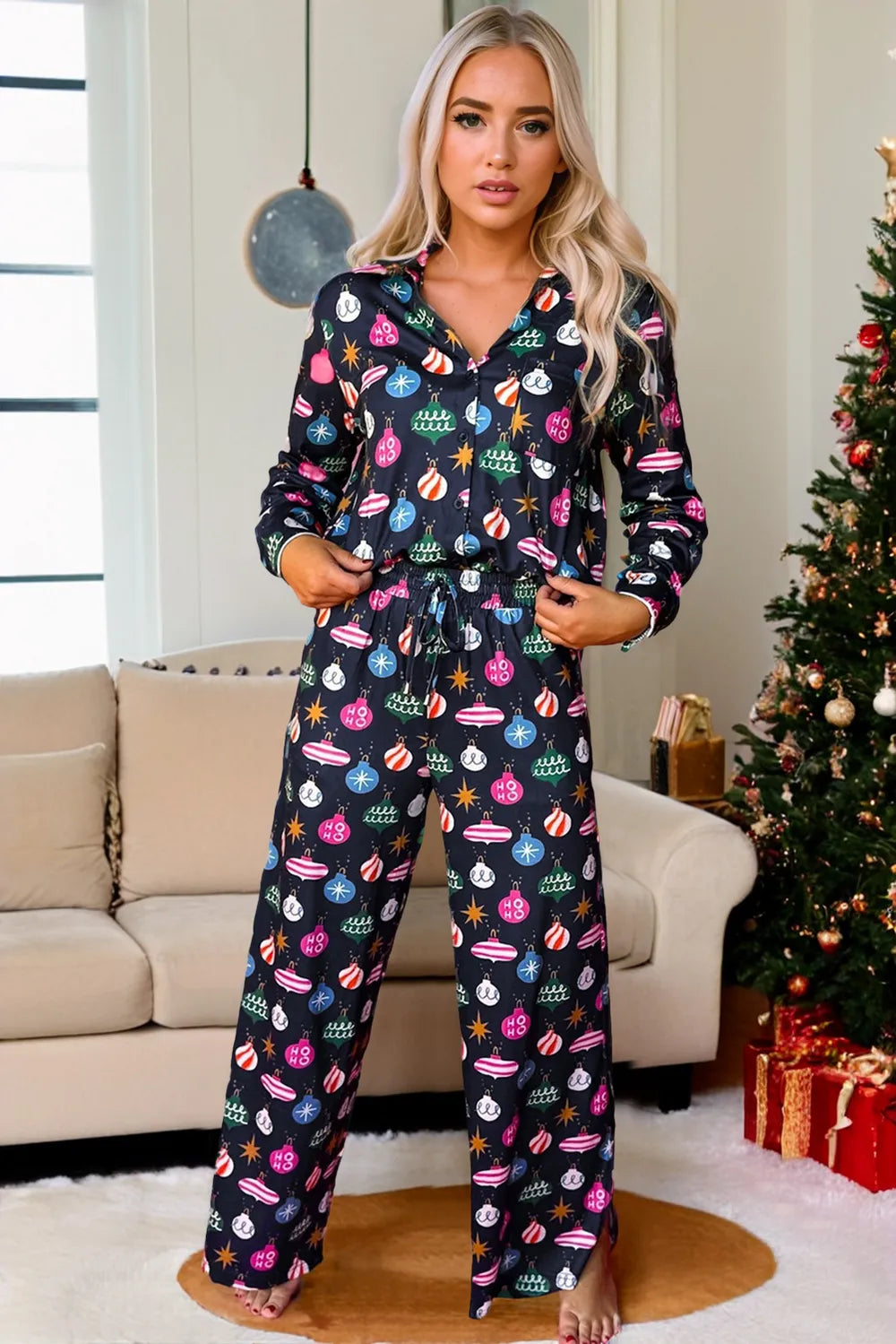 Christmas Lights Print Collared Neck Top and Pants Set Carauana Store