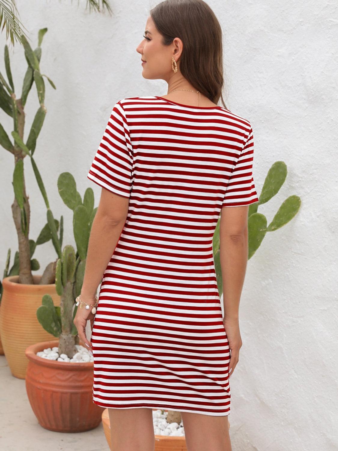 Cutout Striped Round Neck Short Sleeve Dress Carauana Store