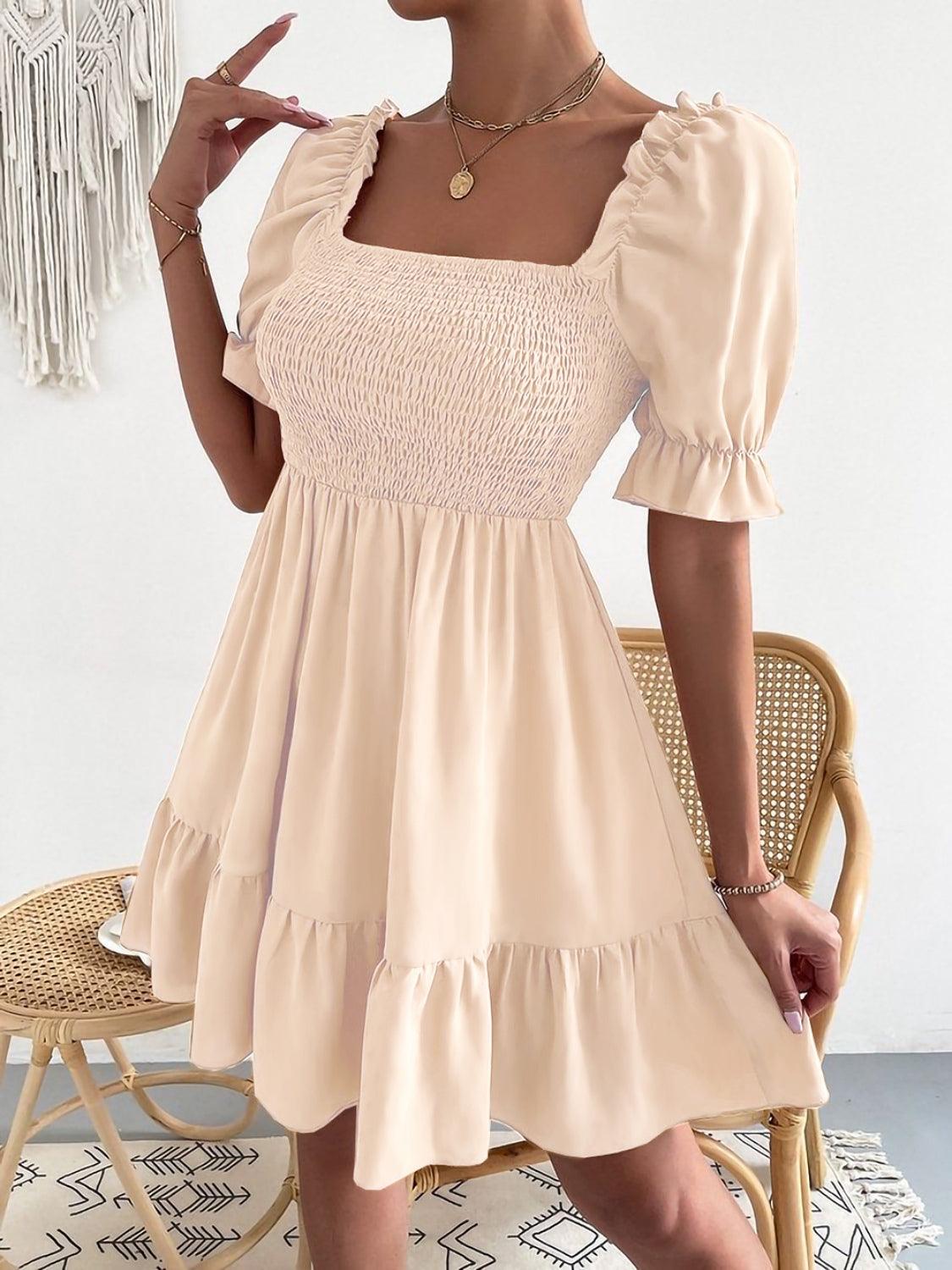 Smocked Square Neck Short Sleeve Dress Carauana Store