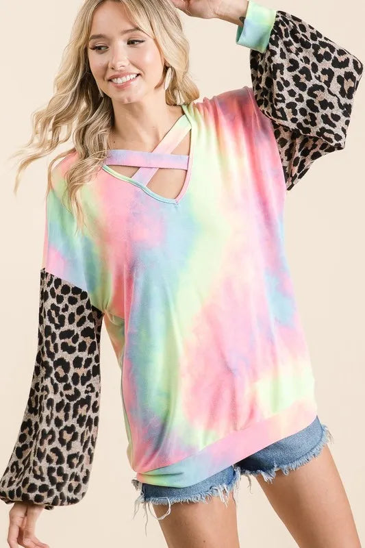 BiBi Tie Dye Terry Top with Leopard Puff Sleeves Carauana Store
