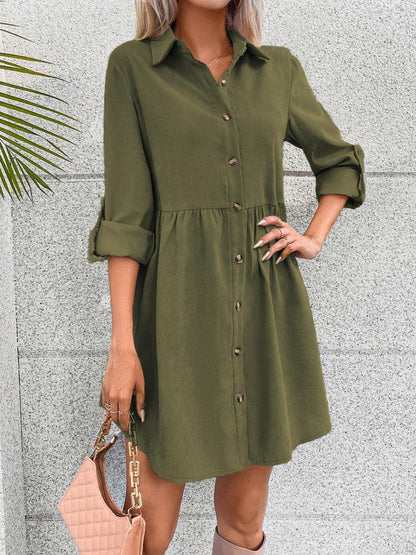 Button Up Collared Neck Long Sleeve Dress Carauana Store