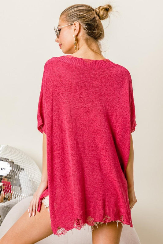 BiBi Distressed Hem V-Neck Slit Sweater Carauana Store