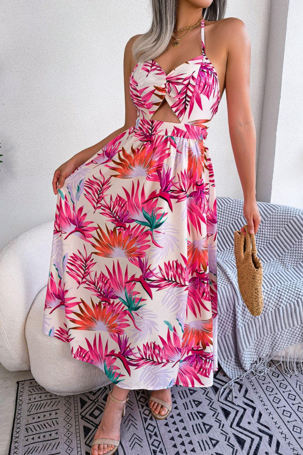 Botanical Print Tied Backless Cutout Slit Dress Carauana Store