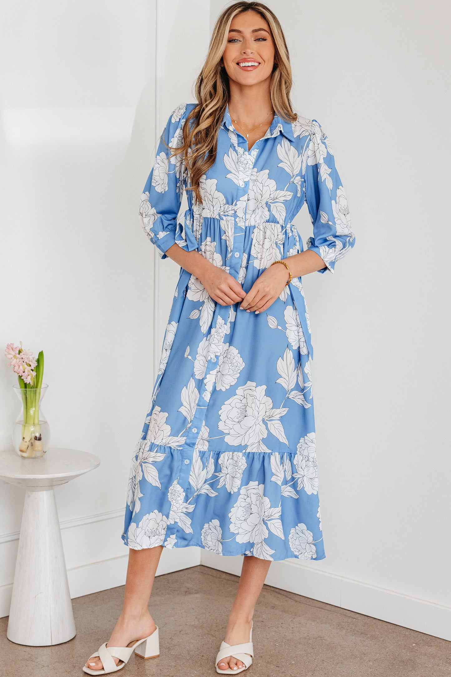 Sky Blue Floral Print Shirt Collar Button Down 3/4 Sleeve Ruffle Hem Long Dress
