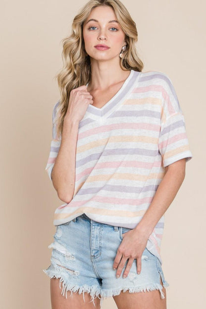 BOMBOM Striped V-Neck Short Sleeve T-Shirt Carauana Store