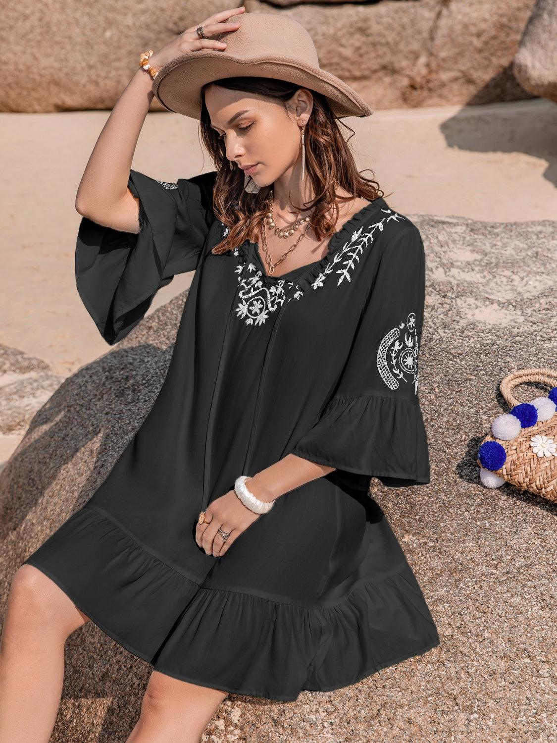 Printed Tie Neck Flounce Sleeve Mini Dress Carauana Store
