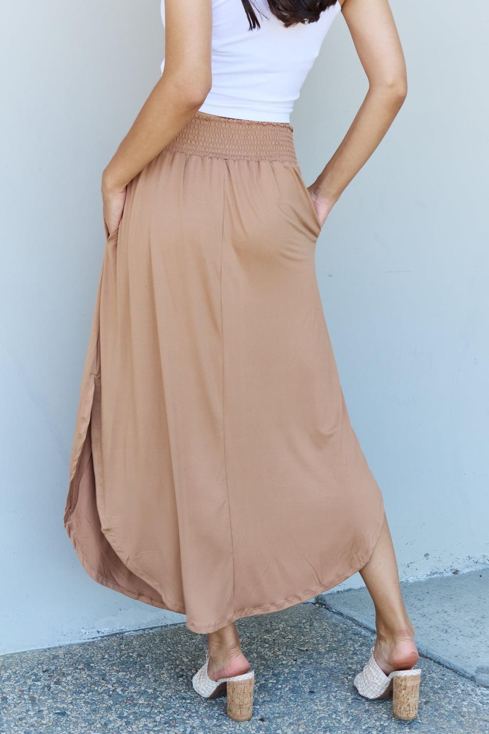 Doublju Comfort Princess Full Size High Waist Scoop Hem Maxi Skirt in Tan Carauana Store