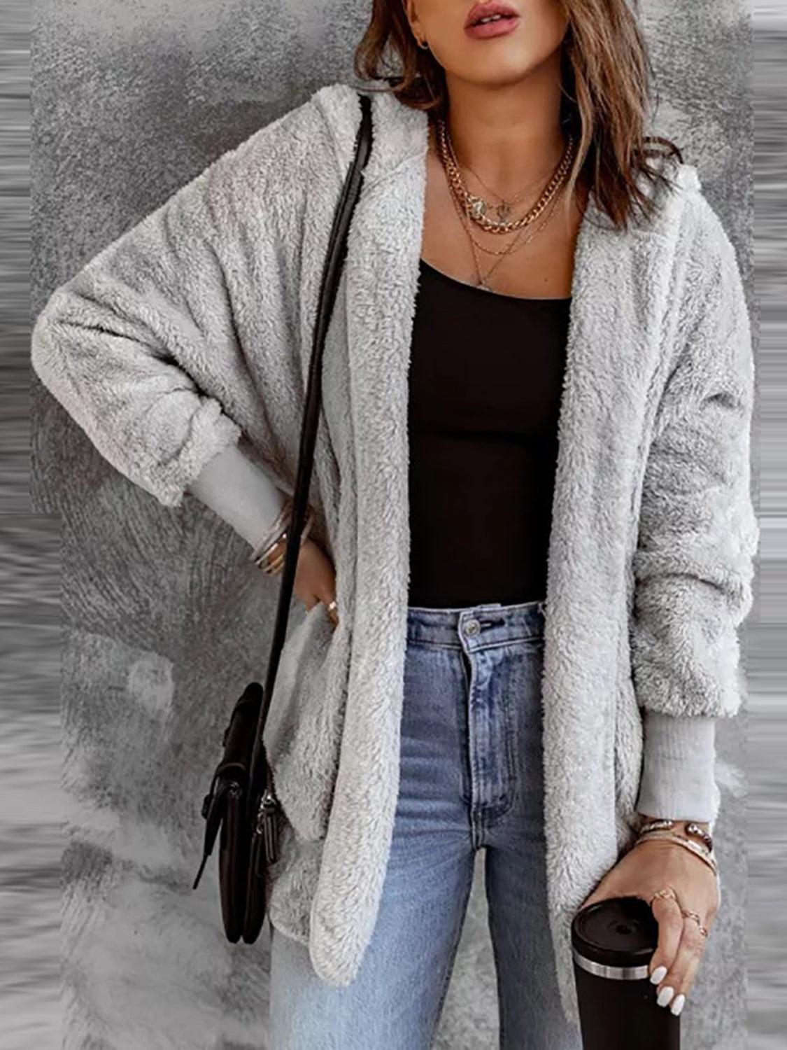 Open Front Hooded Faux Fur Outwear with Pockets Carauana Store
