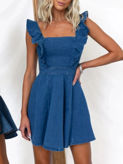 Ruffled Square Neck Denim Mini Dress Carauana Store