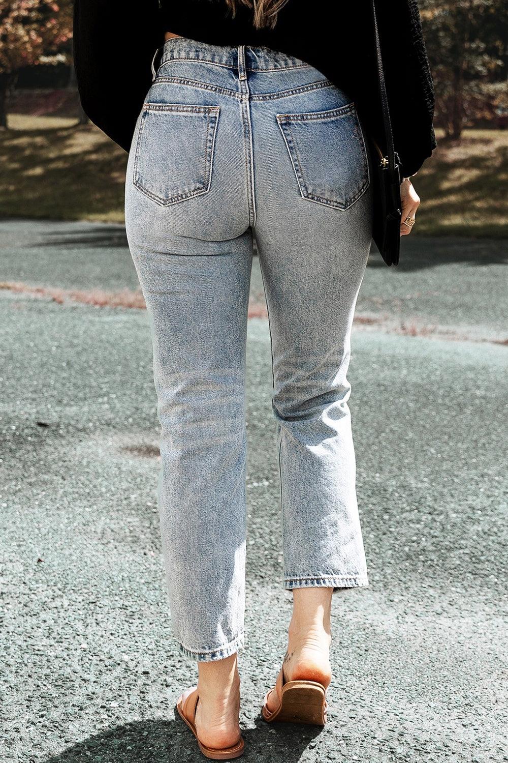 Distressed Straight Jeans with Pockets Carauana Store