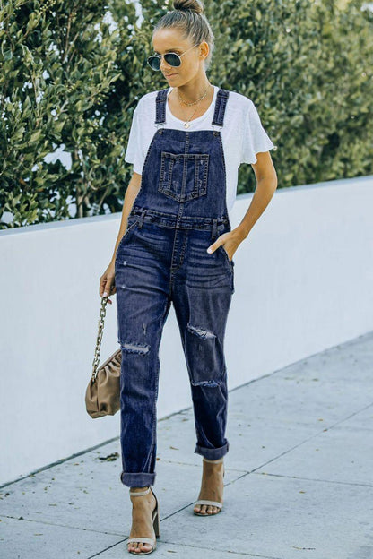 Pocketed Distressed Denim Overalls Carauana Store