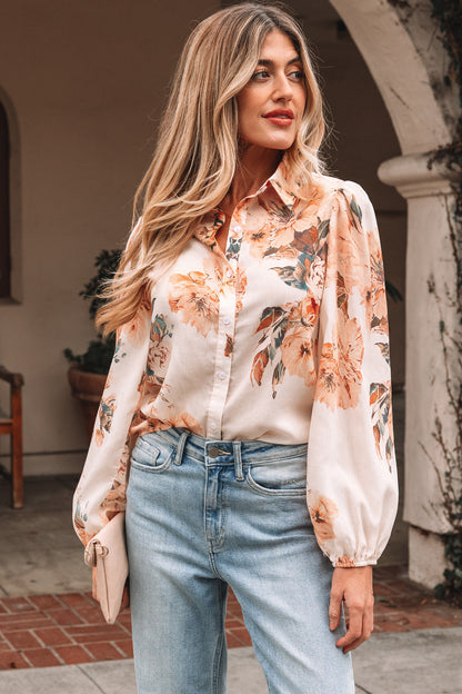 Orange Floral Puff Sleeve Lightweight Shirt