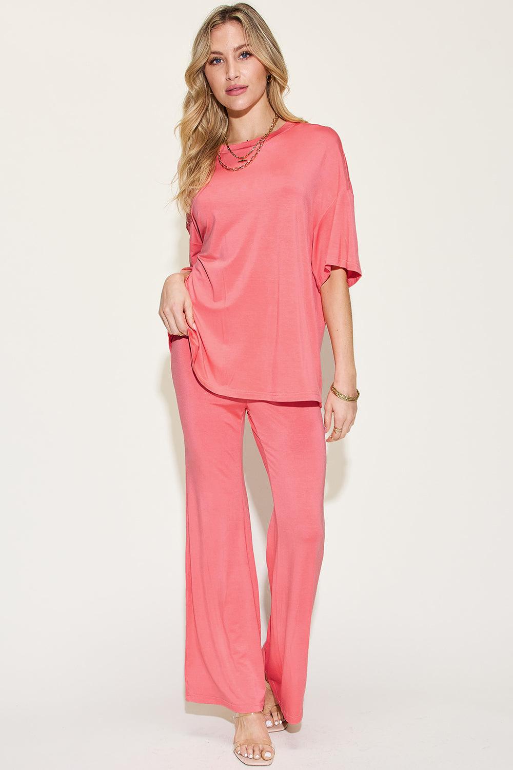Basic Bae Full Size Bamboo Drop Shoulder T-Shirt and Flare Pants Set Carauana Store