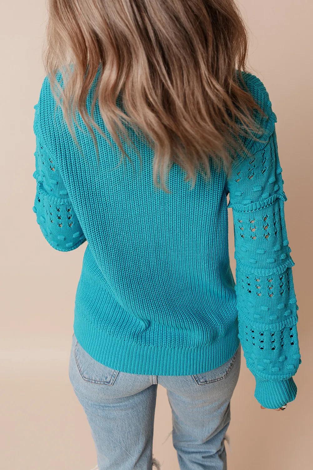 Openwork Frill Round Neck Long Sleeve Sweater Carauana Store