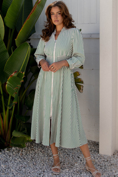 Green Stripe V Neck Zip Front Cinched High Waist Midi Dress