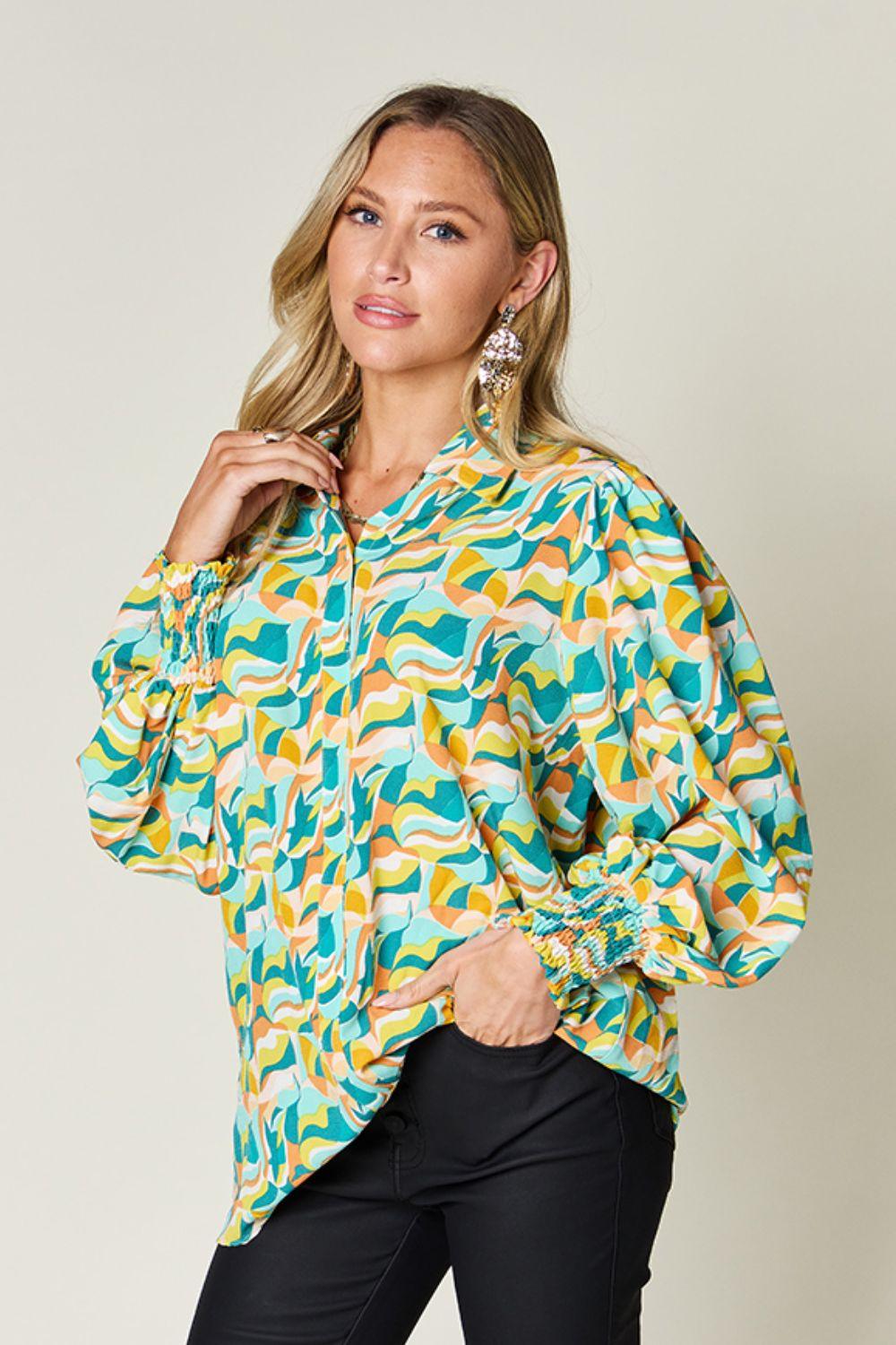 Double Take Full Size Printed Smocked Long Sleeve Blouse Carauana Store