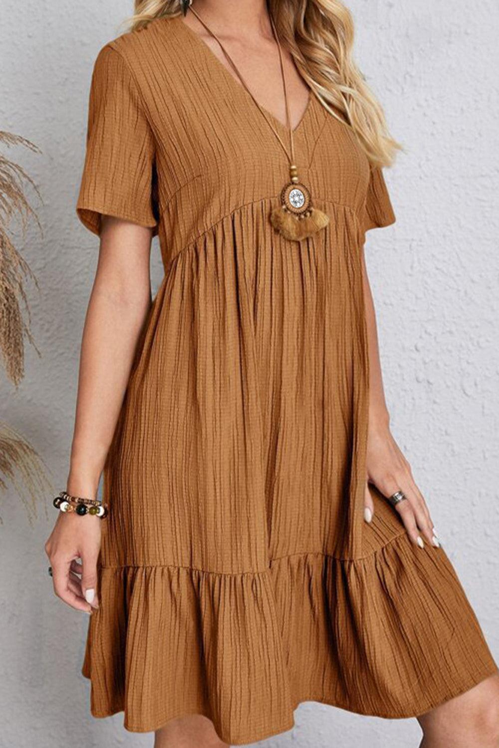 Full Size Ruched V-Neck Short Sleeve Dress Carauana Store