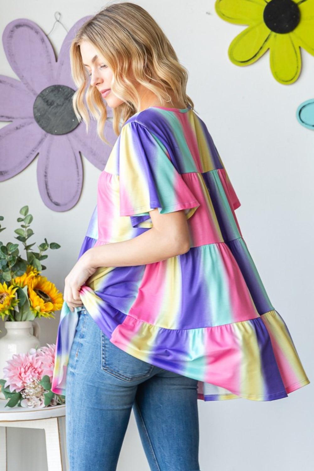 Heimish Full Size Short Sleeve Striped Tiered Top Carauana Store