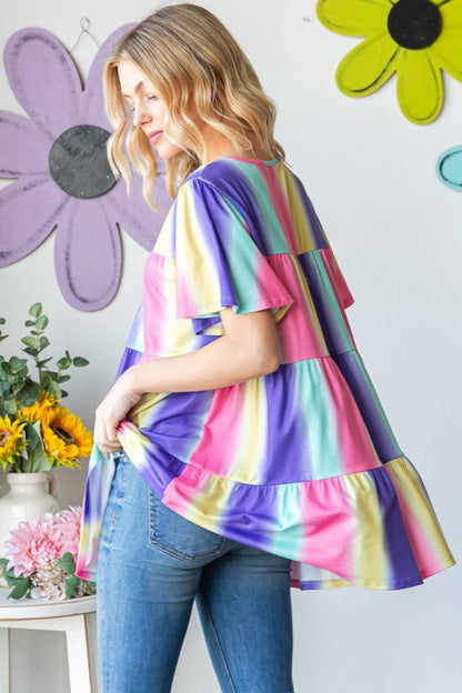 Heimish Full Size Short Sleeve Striped Tiered Top Carauana Store