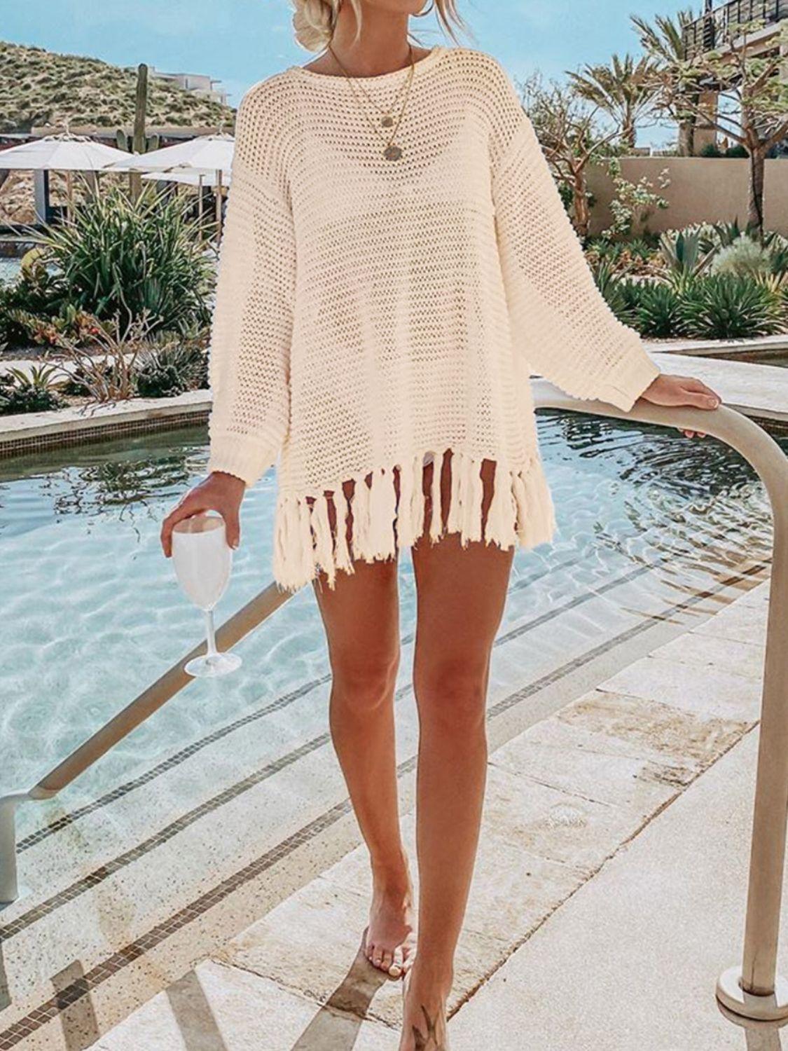 Double Take Openwork Tassel Hem Long Sleeve Knit Cover Up Carauana Store
