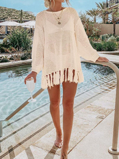 Double Take Openwork Tassel Hem Long Sleeve Knit Cover Up Carauana Store