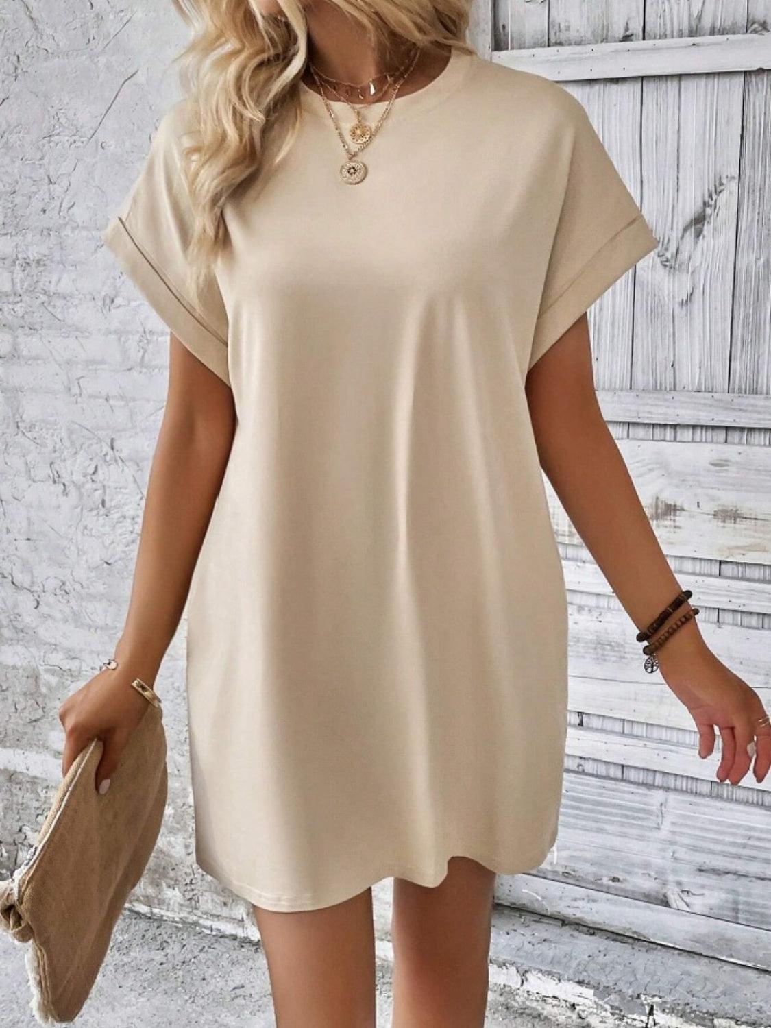 Pocketed Round Neck Short Sleeve Dress Carauana Store