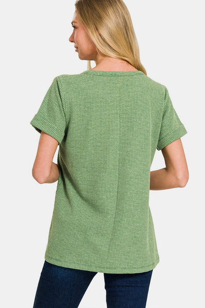 Zenana Waffle Notched Short Sleeve T-Shirt Carauana Store