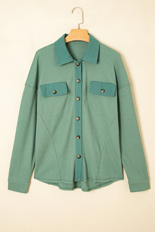 Grass Green Waffle Knit Vintage Patchwork Button Up Loose Shirt