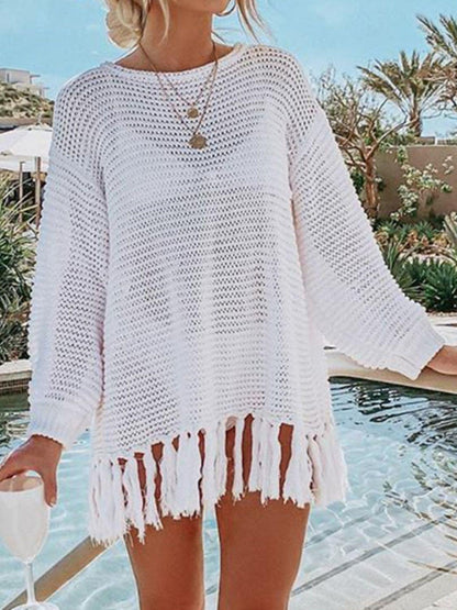Double Take Openwork Tassel Hem Long Sleeve Knit Cover Up Carauana Store