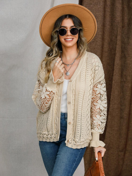 Eyelet Button Up Lantern Sleeve Cardigan Carauana Store