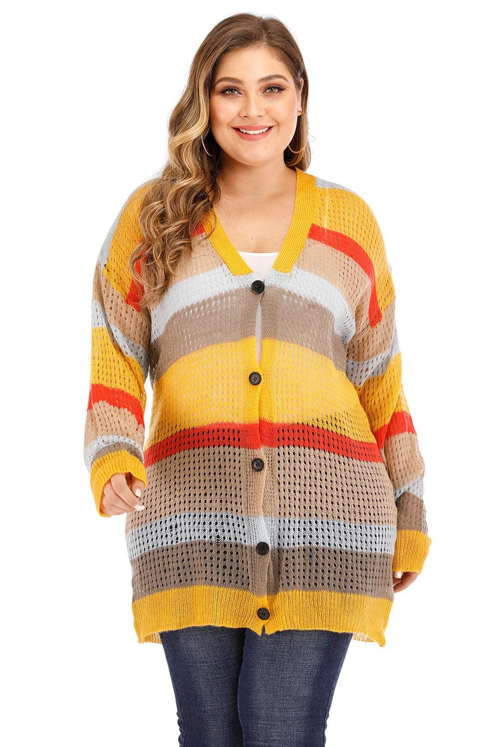 Plus Openwork Color Block Button Up Cardigan Carauana Store