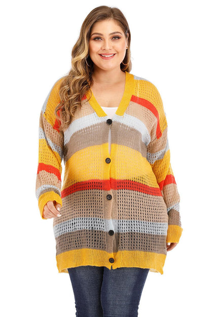 Plus Openwork Color Block Button Up Cardigan Carauana Store