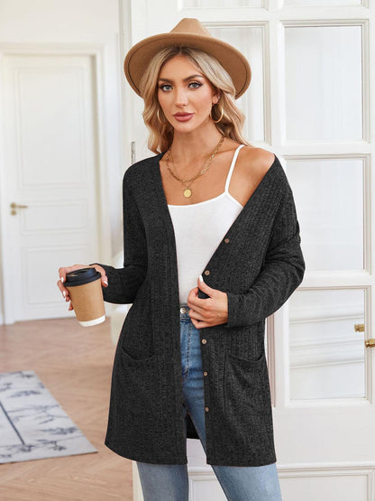 Ribbed Button Up Cardigan with Pockets Carauana Store