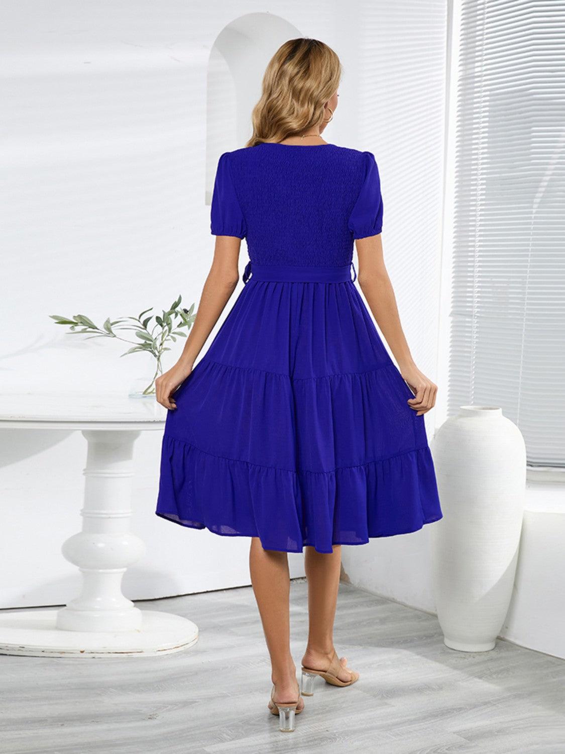 Smocked Tie Front Short Sleeve Tiered Dress Carauana Store
