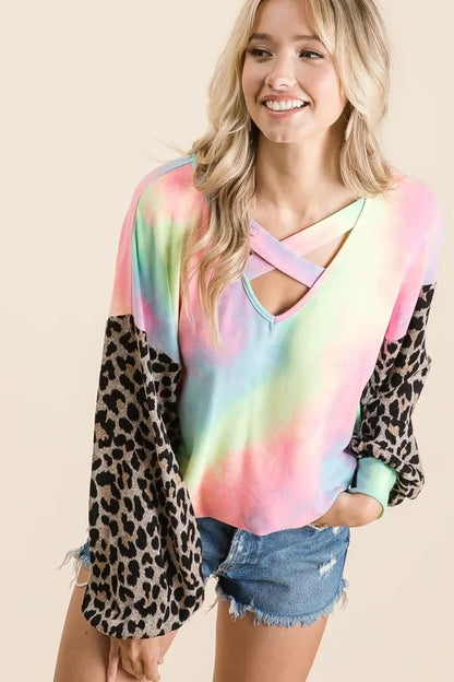 BiBi Tie Dye Terry Top with Leopard Puff Sleeves Carauana Store