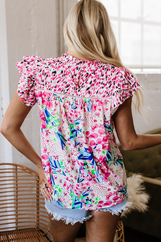 Pink Floral Mixed Print Ruffle Cap Sleeve Blouse