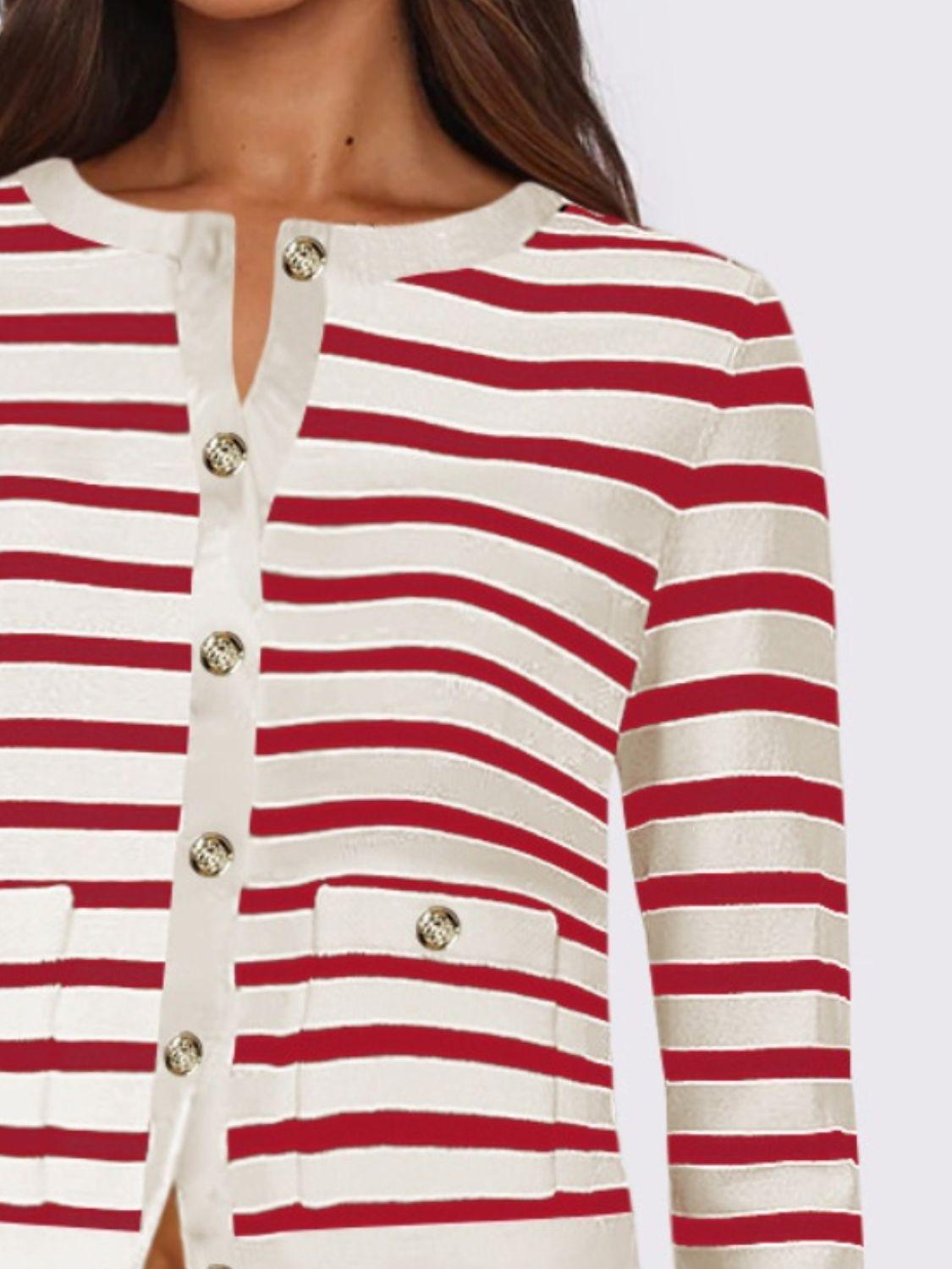 Striped Round Neck Button Up Long Sleeve Cardigan Carauana Store