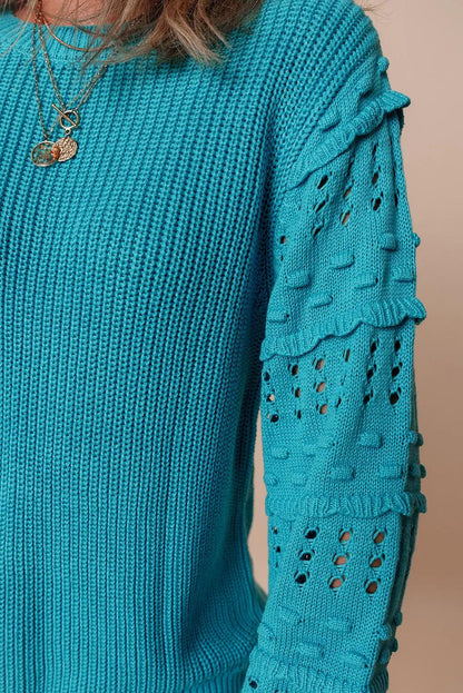 Openwork Frill Round Neck Long Sleeve Sweater Carauana Store