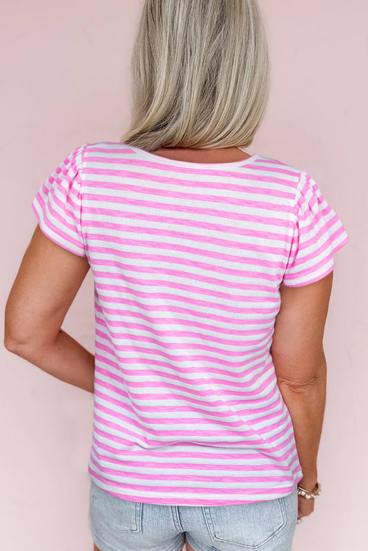 Bonbon Striped V Neck Ruffle Short Sleeve Top