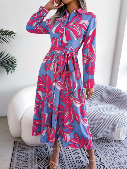 Tied Button Up Long Sleeve Dress Carauana Store