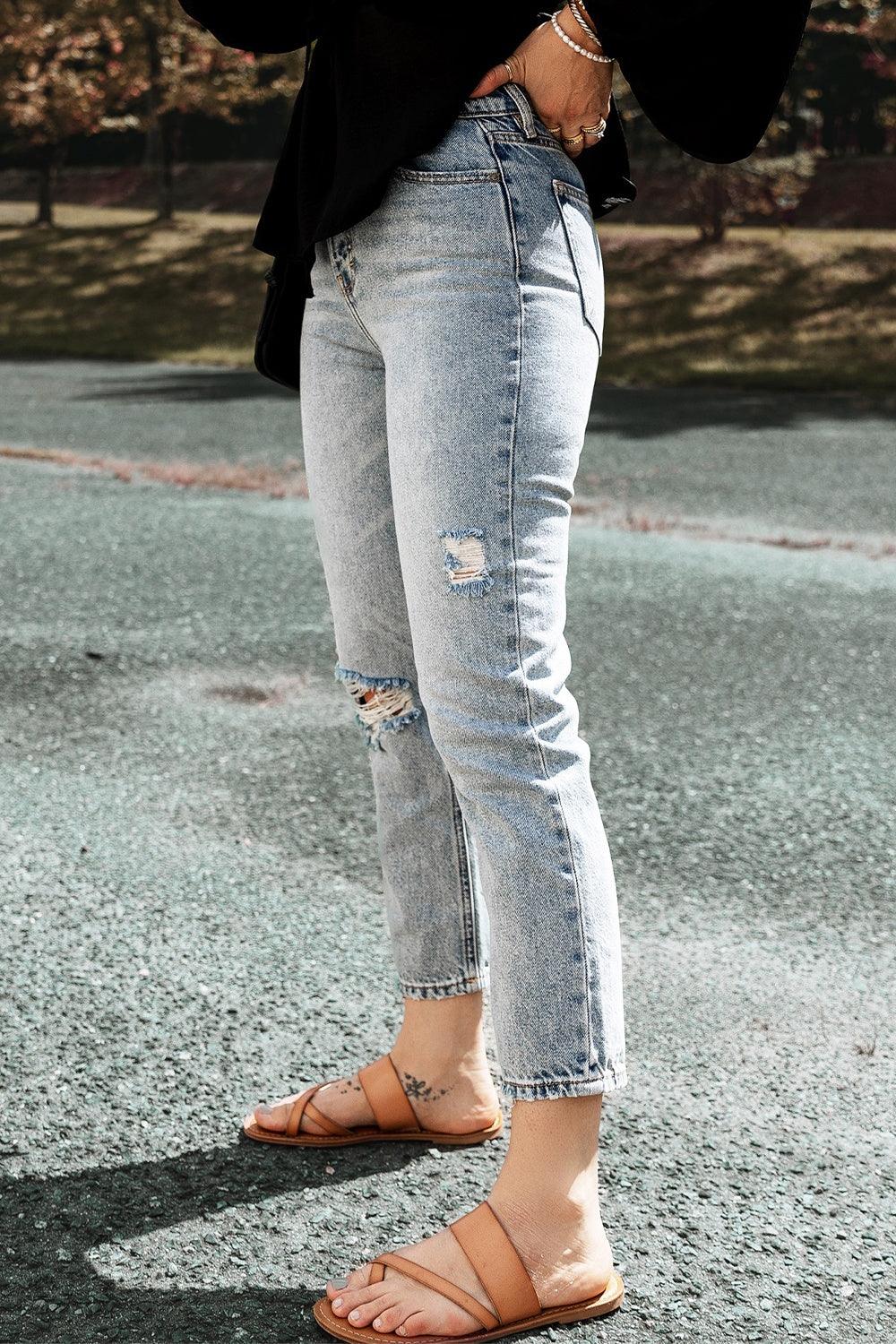Distressed Straight Jeans with Pockets Carauana Store
