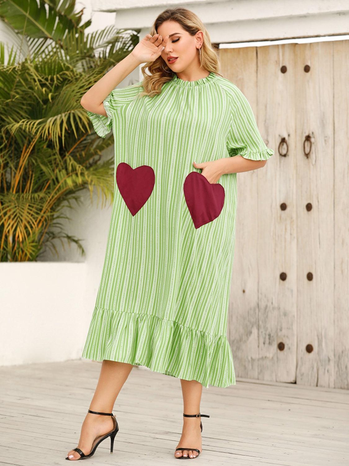 Plus Size Frill Heart Striped Half Sleeve Dress Carauana Store