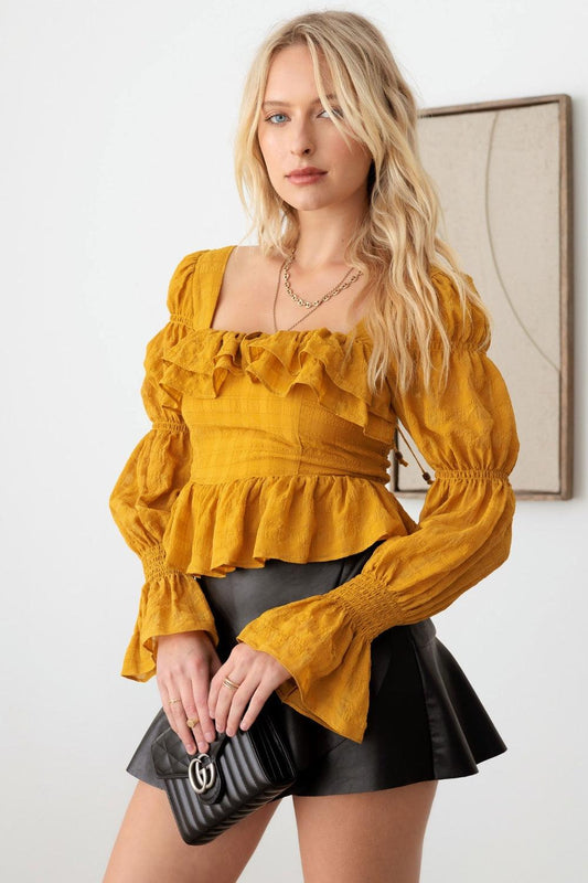 Mustard Seed Boho Shirred Smocked Peplum Long Sleeve Top Carauana Store
