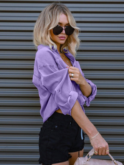 Drawstring Pocketed Button Up Denim Top Carauana Store